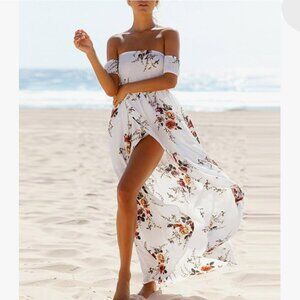 White Floral Vansha Boho Off-Shoulder Slit Flowy Maxi Dress - Size M